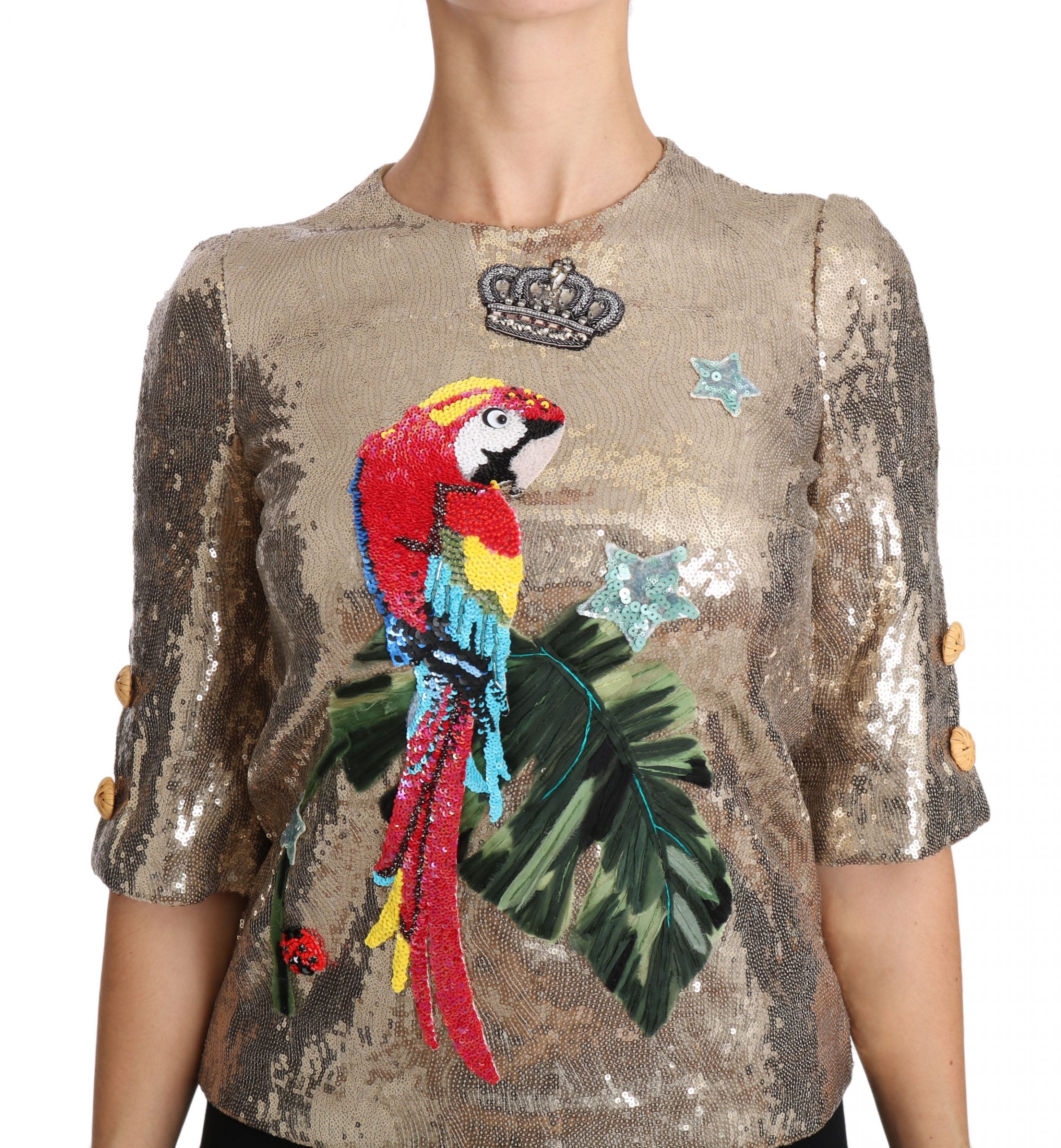 Dolce &amp; Gabbana Blouse à col rond à motif perroquet doré avec cristaux