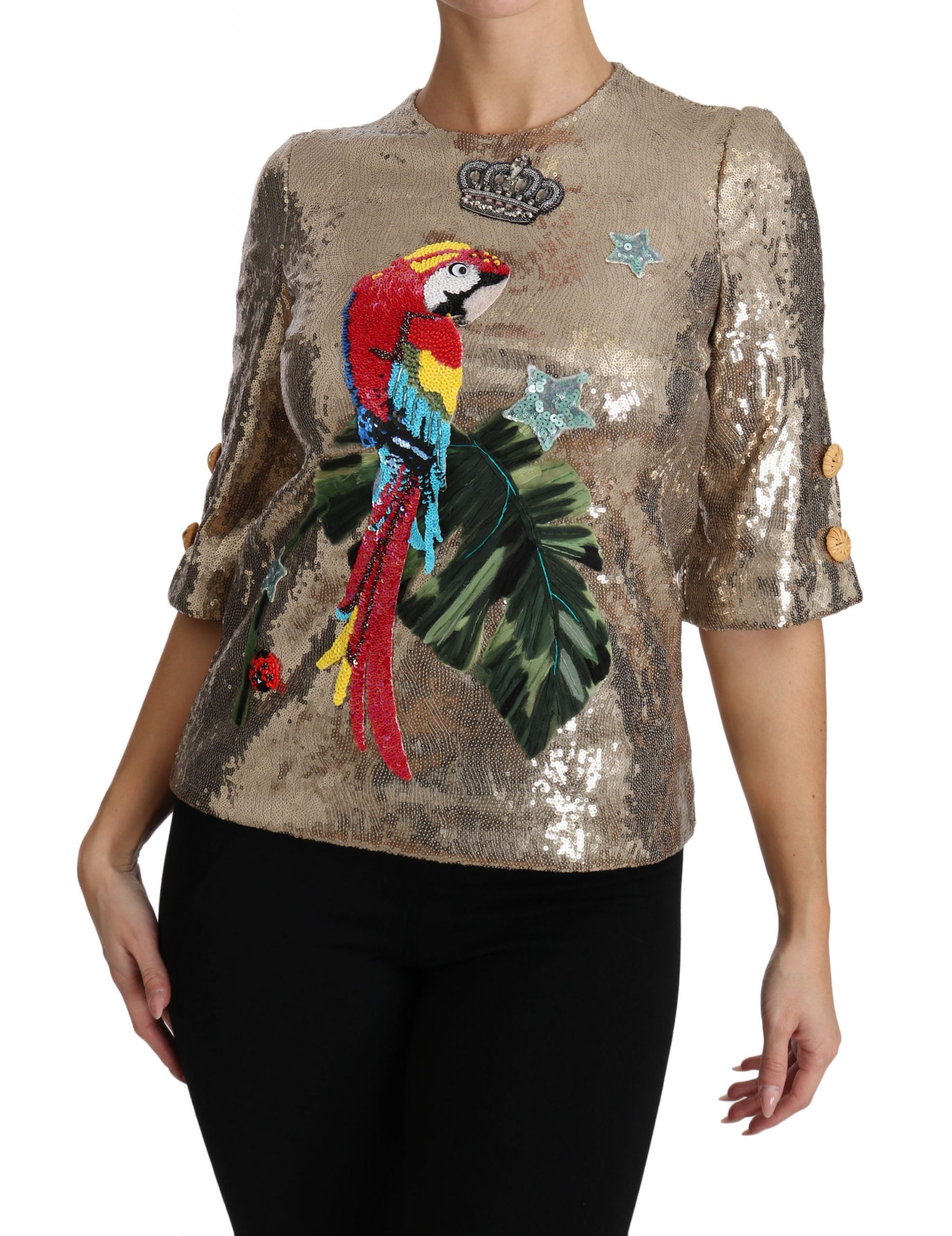 Dolce &amp; Gabbana Blouse à col rond à motif perroquet doré avec cristaux