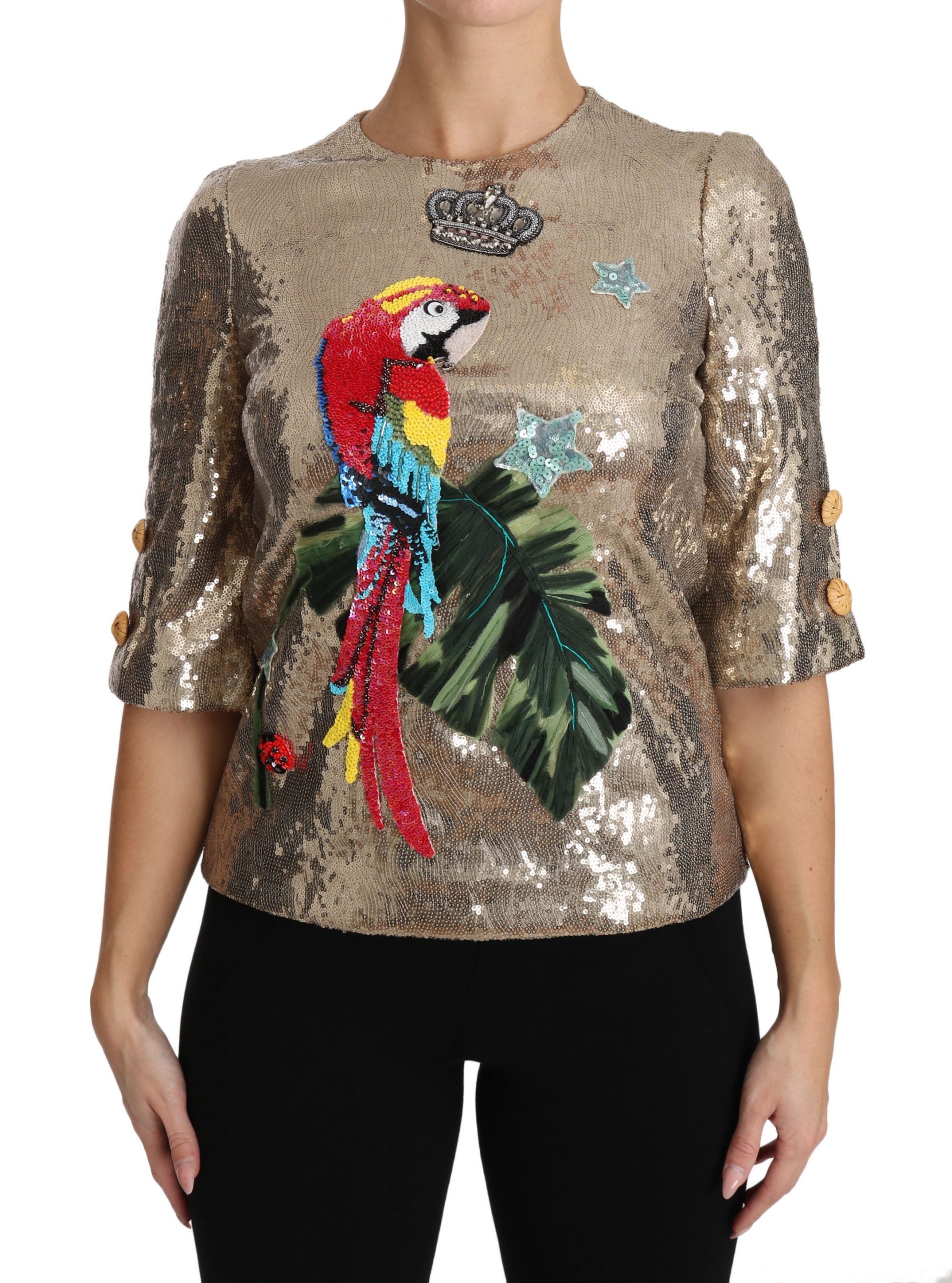 Dolce &amp; Gabbana Blouse à col rond à motif perroquet doré avec cristaux