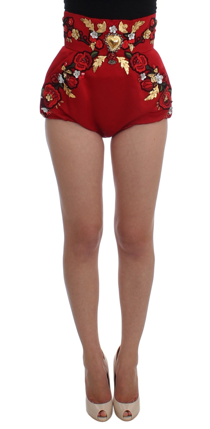 Dolce &amp; Gabbana Short taille haute en soie rouge orné de cristaux