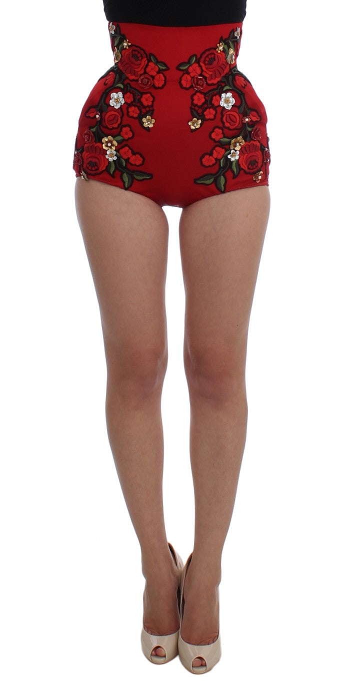 Dolce &amp; Gabbana Short glamour brodé de fleurs en soie rouge