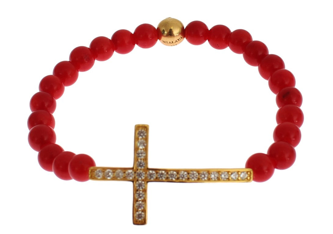 Nialaya Bracelet élégant en perles d'or et de corail rouge