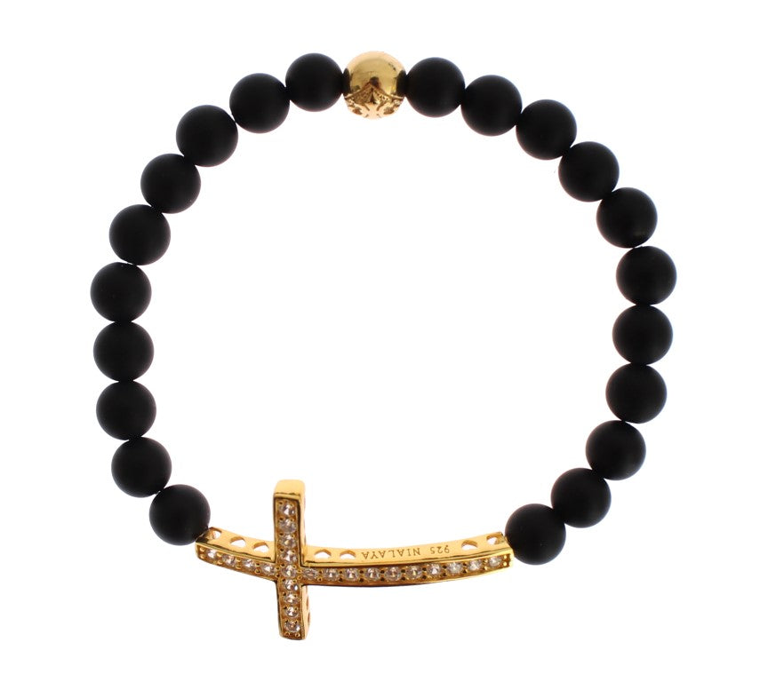 Nialaya Chic Bracelet en perles d'onyx mat et croix en diamant CZ