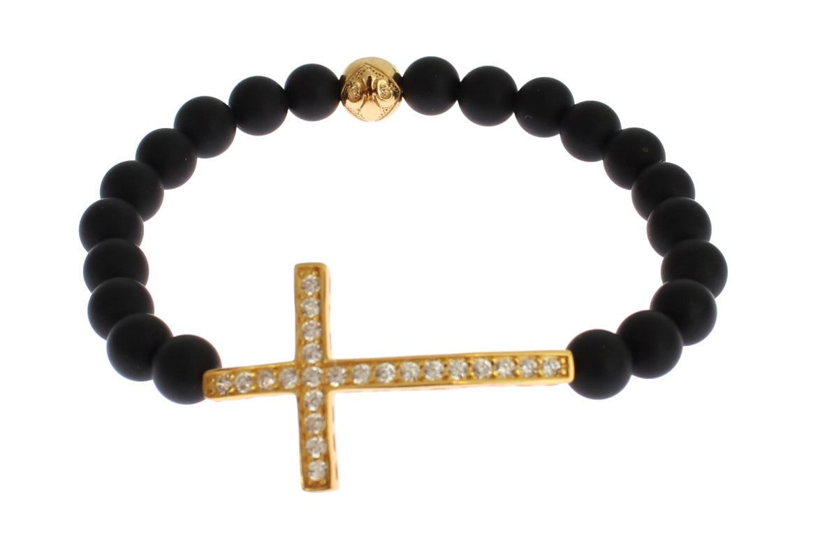 Nialaya Chic Bracelet en perles d'onyx mat et croix en diamant CZ