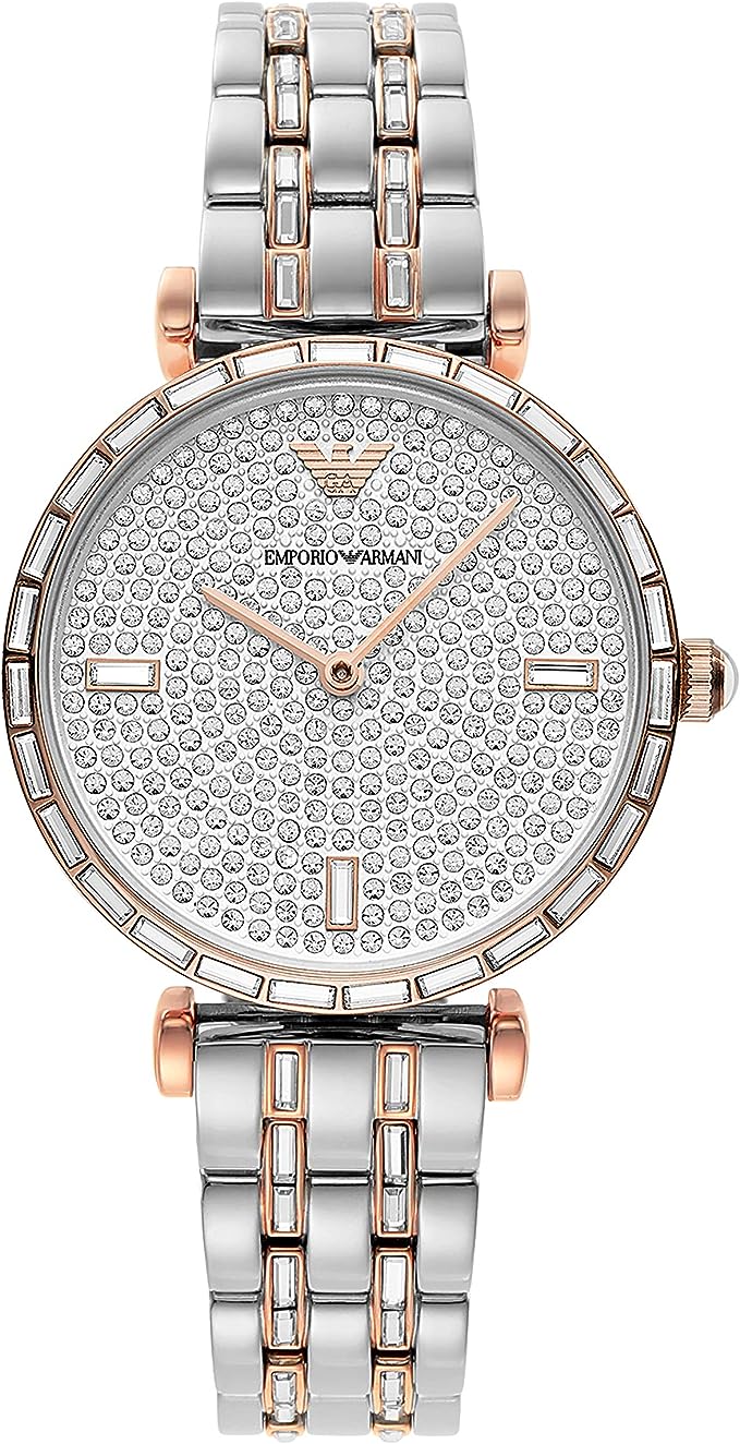 Emporio Armani élégante montre bicolore pavé de cristaux