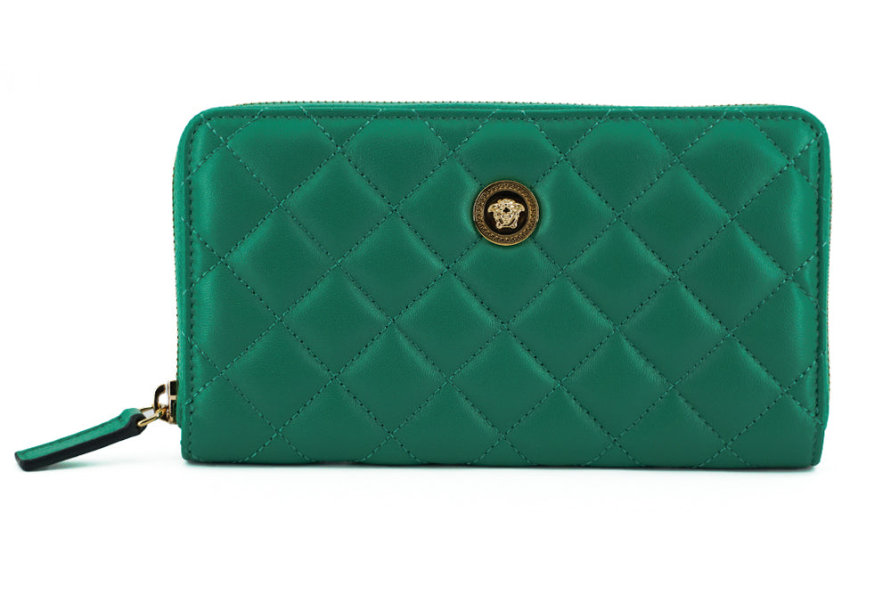 Versace Green Leather Long Zip Around Wallet